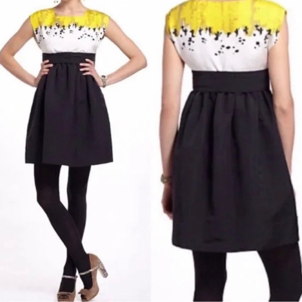 Anthropologie Sariah Carson Birdsong Script Dress Yellow And Black